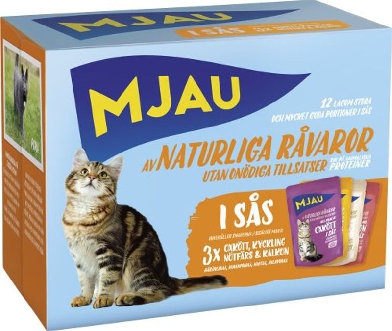 Mjau Multi våtfôr i saus, kjøtt 12pk