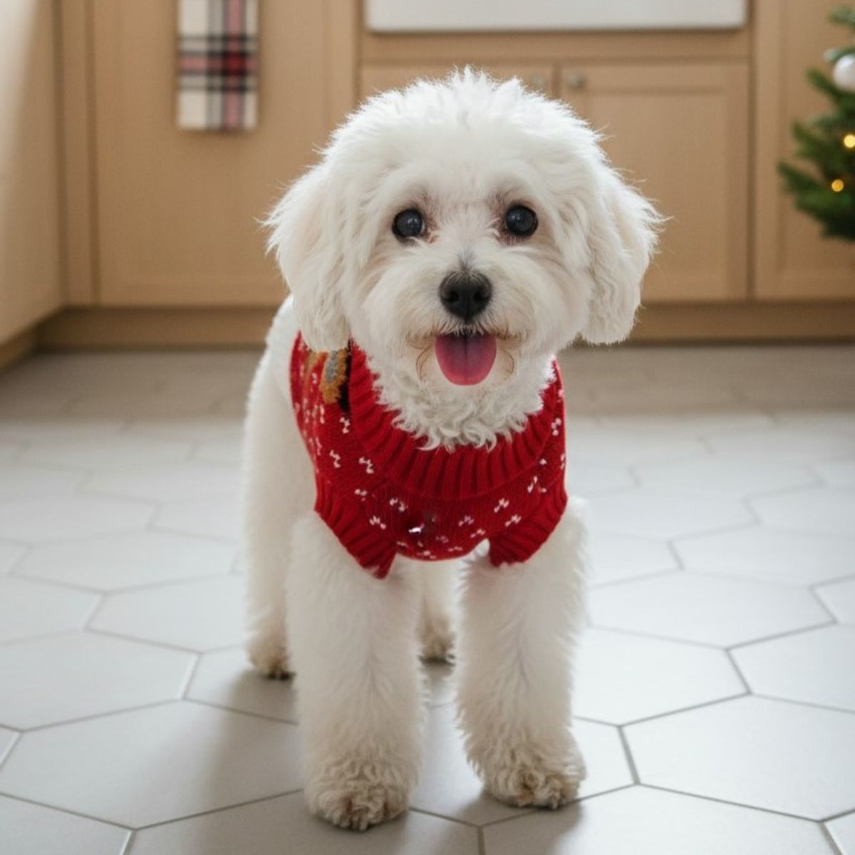 Rød/Hvit julegenser til hund med reinsdyr