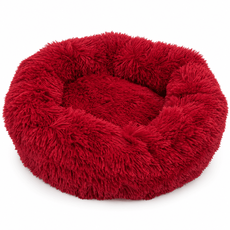 Vinrød donut hundeseng - Fluffy rund hunde - og katteseng, 2 str