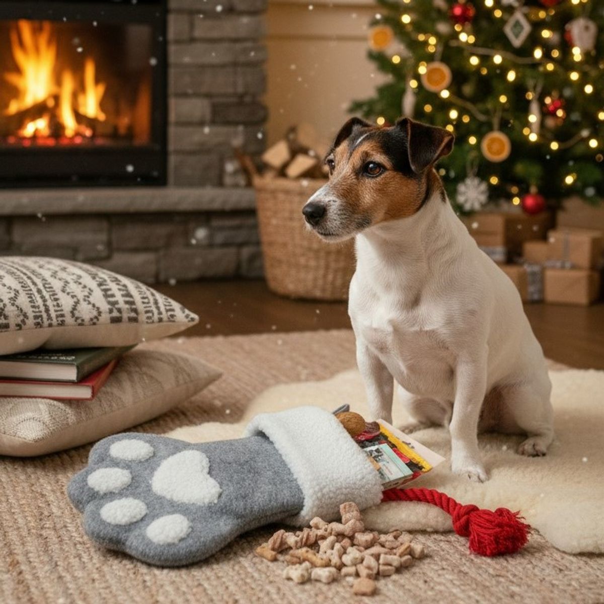Grå fylt Julestrømpe til hund (10 snacks & leker)