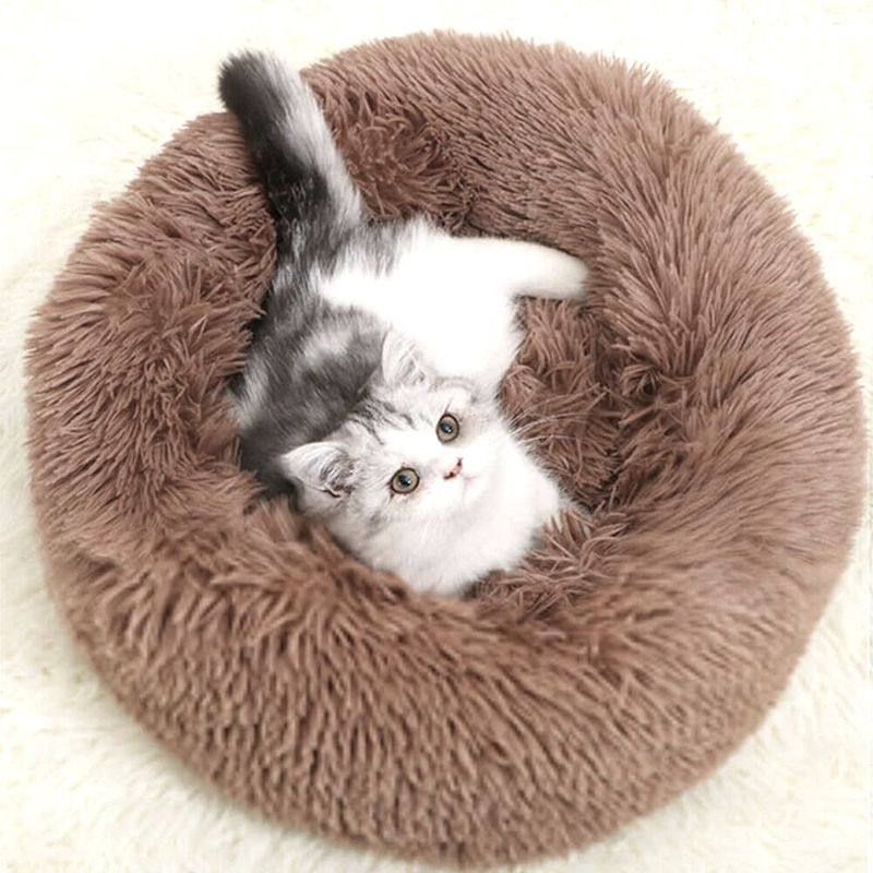 Brun khaki donut hundeseng - Fluffy rund hunde - og katteseng, flere str