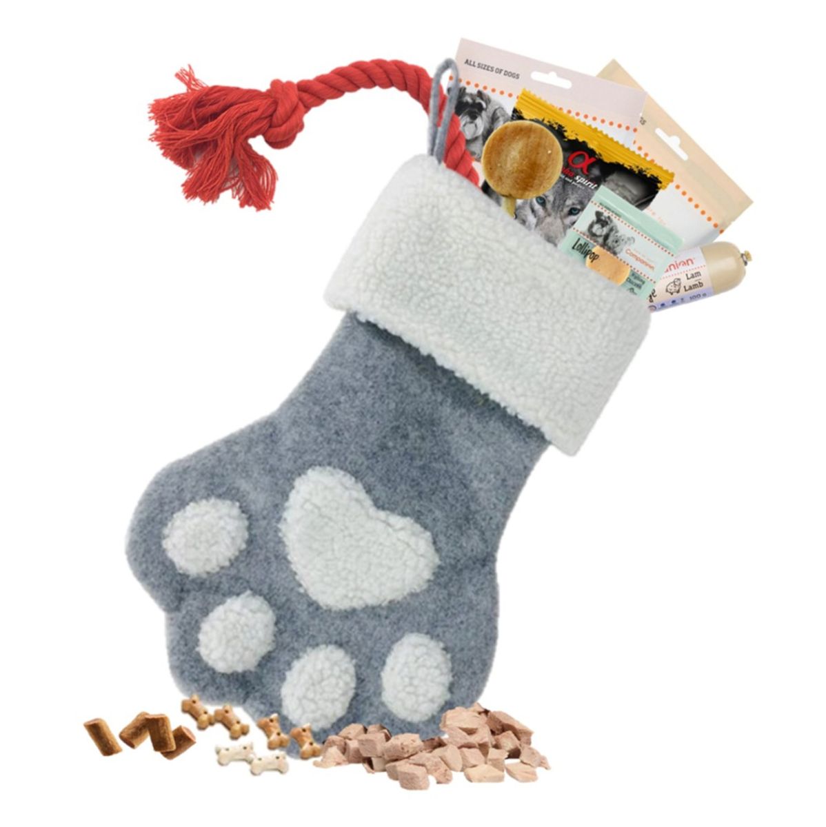 Grå fylt Julestrømpe til hund (10 snacks & leker)