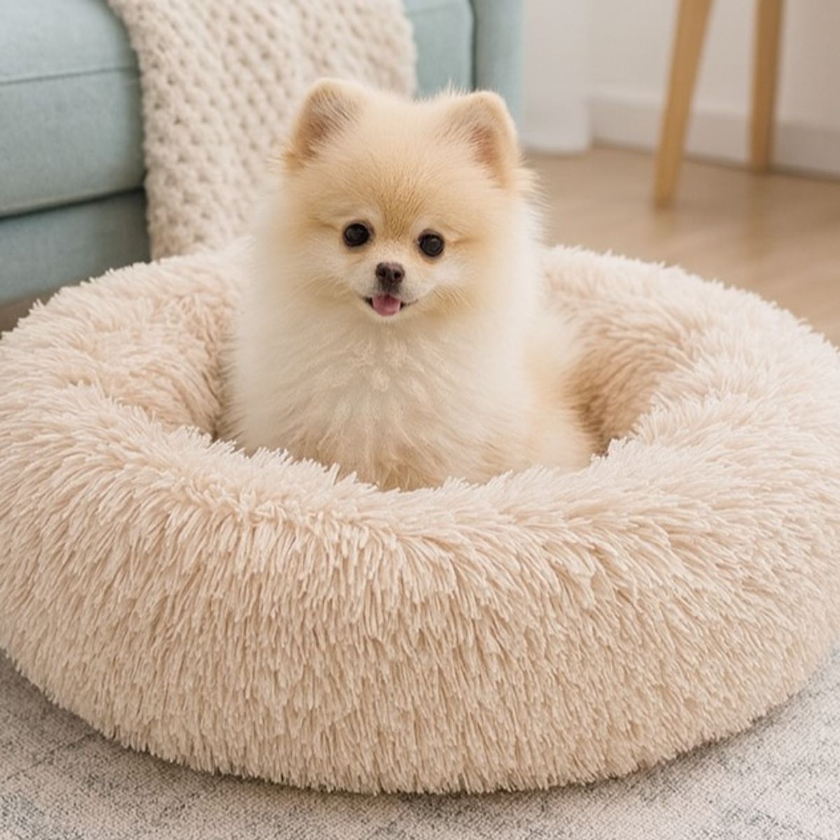 Lys beige Donut hundeseng - Fluffy rund hunde - og katteseng, flere str